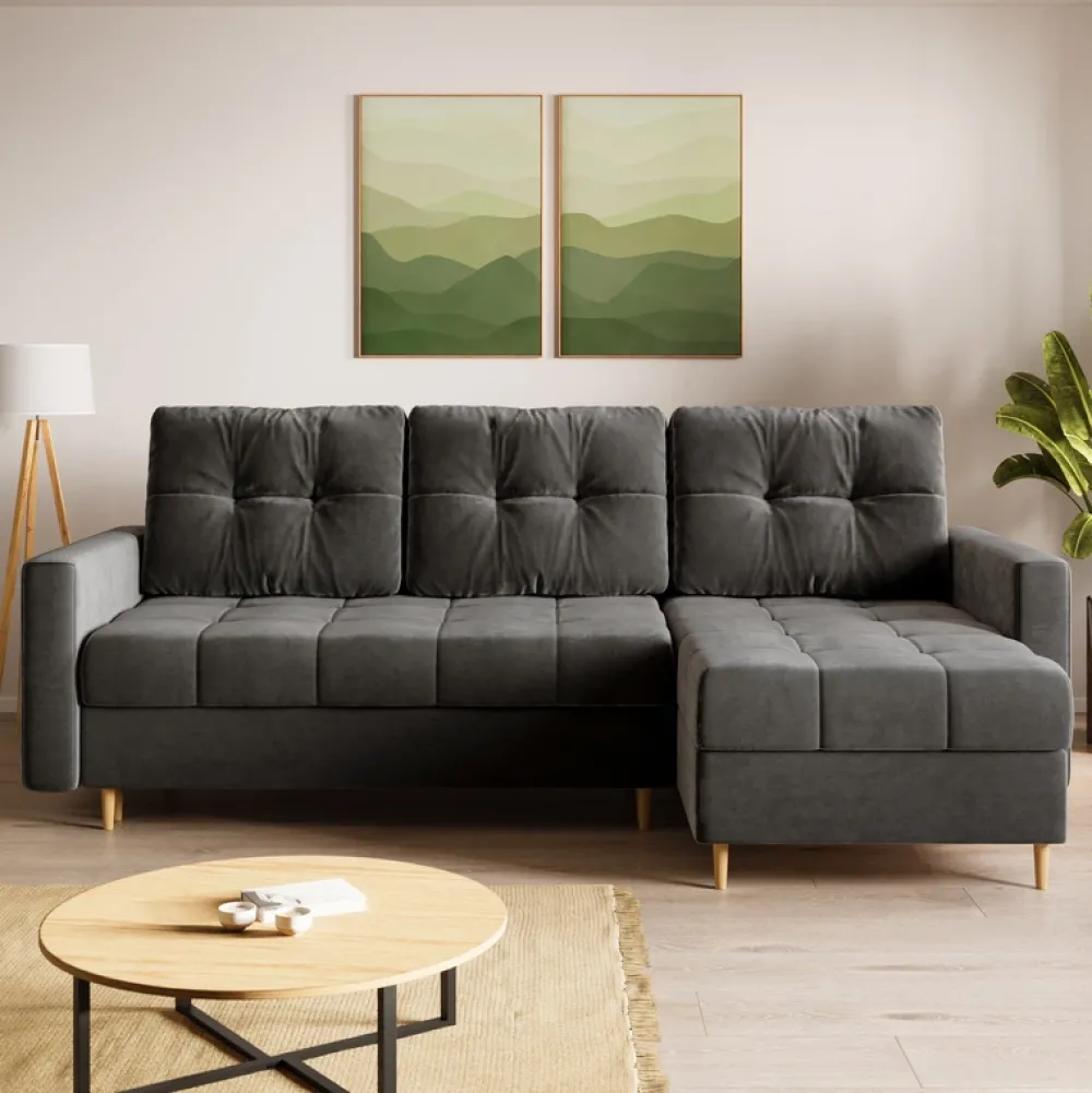 Meble Dla Dzieci|Meble Młodzieżowe>BROMARKT Welurowy szary narożnik z funkcją spania i pojemnikiem na pościel LIZBONA