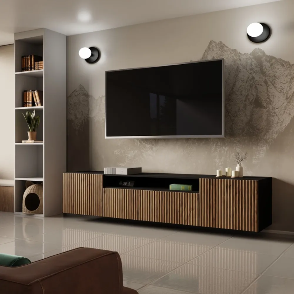 Szafki Rtv>Arton Wisząca szafka RTV 200 cm TAVIO loftowa z frezowanymi frontami