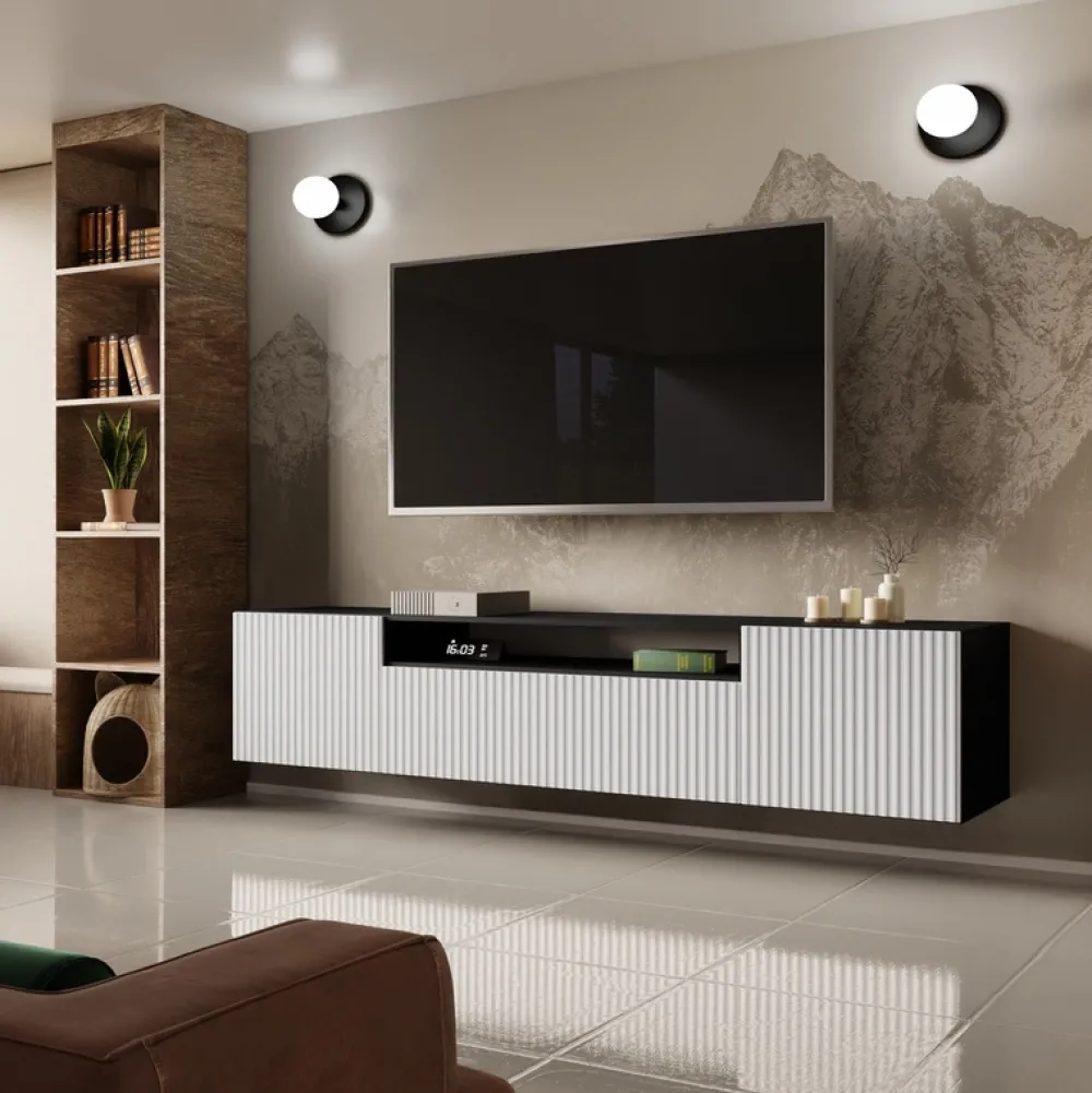 Szafki Rtv>Arton Wisząca szafka RTV 200 cm z półkami do salonu TAVIO czarno biała