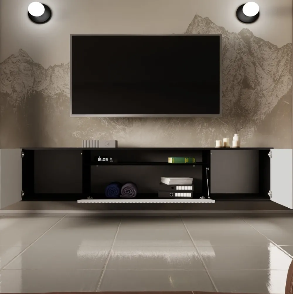 Szafki Rtv>Arton Wisząca szafka RTV 200 cm z półkami do salonu TAVIO czarno biała
