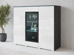 Witryny></noscript>BRATEX Witryna na alkohol do salonu VEXA z oświetleniem biały połysk