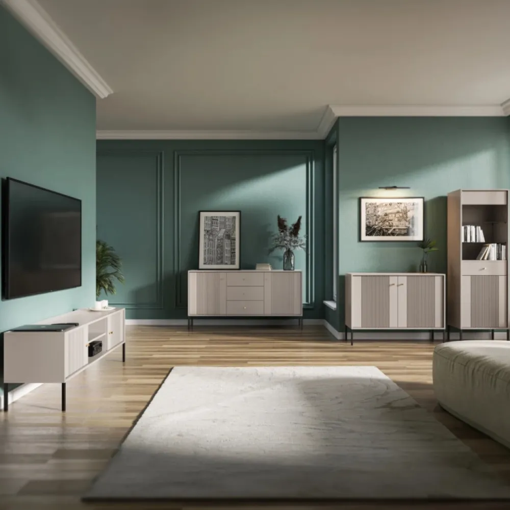 Witryny>MEBEL ELITE Witryna na książki do salonu 54 cm przeszklona ryflowana SORELLO kaszmir