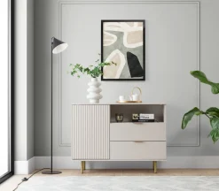 Zestawy Mebli Do Salonu|Komody></noscript>GiB Meble Wąska komoda z szufladami do salonu 107 cm NAMASTE kaszmir