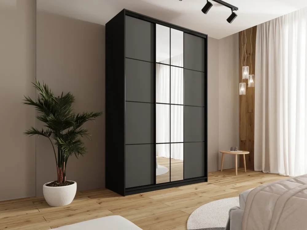 Zestawy Mebli Do Przedpokoju|Szafy Trzydrzwiowe>BROMARKT Wysoka grafitowa szafa przesuwna z lustrem 150 cm EDGE MAX