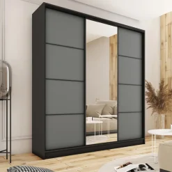 Zestawy Mebli Do Przedpokoju|Szafy Trzydrzwiowe></noscript>BROMARKT Wysoka grafitowa szafa przesuwna z lustrem 180 cm LOFT MAX