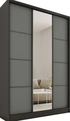 Zestawy Mebli Do Przedpokoju|Szafy Trzydrzwiowe>BROMARKT Wysoka grafitowa szafa przesuwna z lustrem 150 cm LOFT MAX