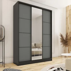 Zestawy Mebli Do Przedpokoju|Szafy Trzydrzwiowe></noscript>BROMARKT Wysoka grafitowa szafa przesuwna z lustrem 150 cm LOFT MAX