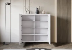 Zestawy Mebli Do Salonu|Komody>BRATEX Wysoka komoda biała do salonu z ryflowanymi frontami 120 cm PUNES cichy domyk biały