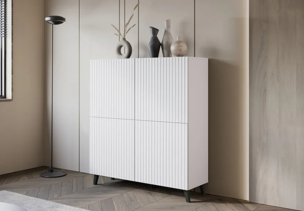 Zestawy Mebli Do Salonu|Komody>BRATEX Wysoka komoda biała do salonu z ryflowanymi frontami 120 cm PUNES cichy domyk biały