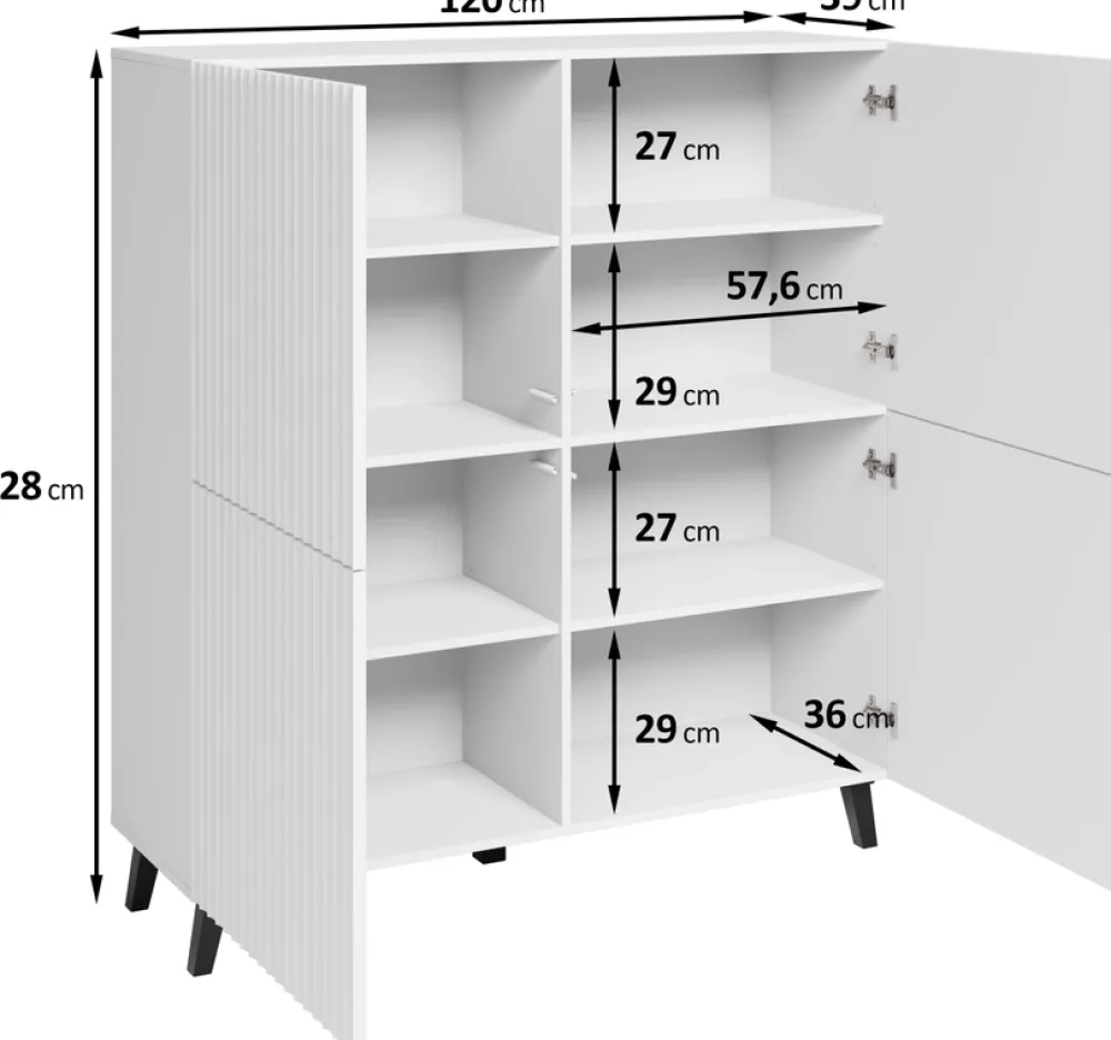 Zestawy Mebli Do Salonu|Komody>BRATEX Wysoka komoda biała do salonu z ryflowanymi frontami 120 cm PUNES cichy domyk biały