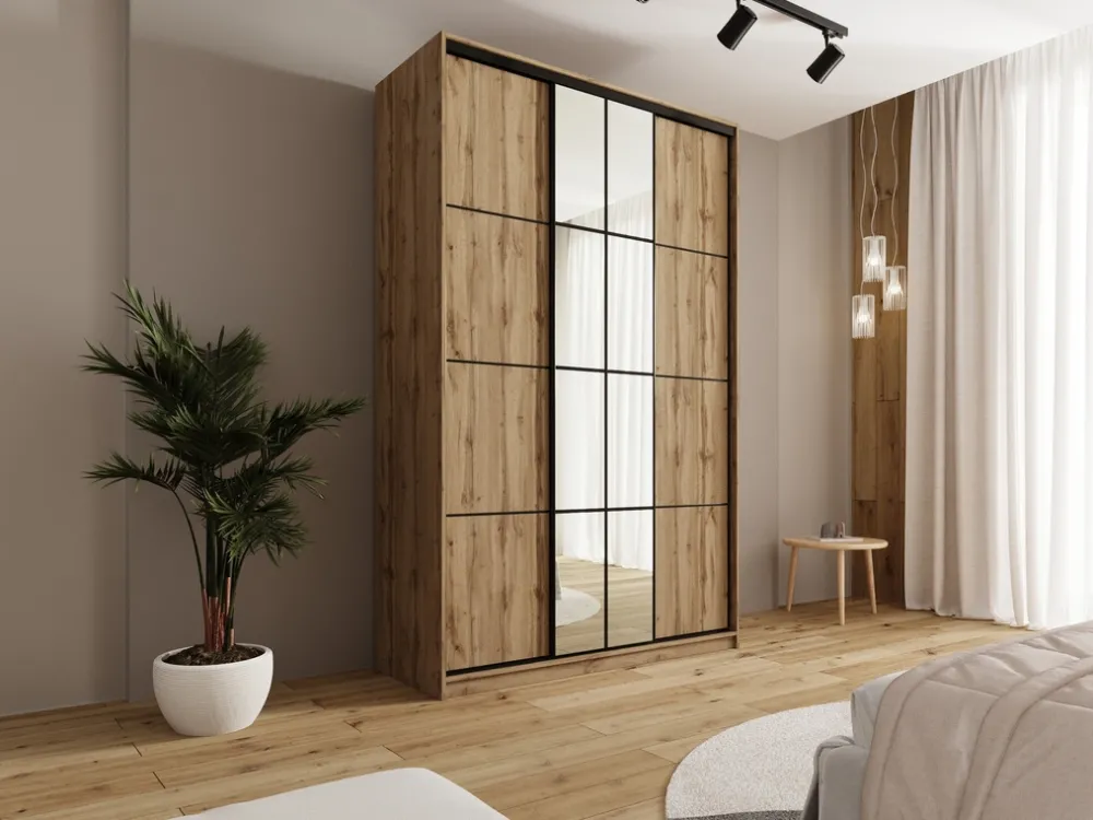 Zestawy Mebli Do Przedpokoju|Szafy Trzydrzwiowe>BROMARKT Wysoka szafa przesuwna 150 cm z lustrem i drążkami EDGE MAX dąb wotan