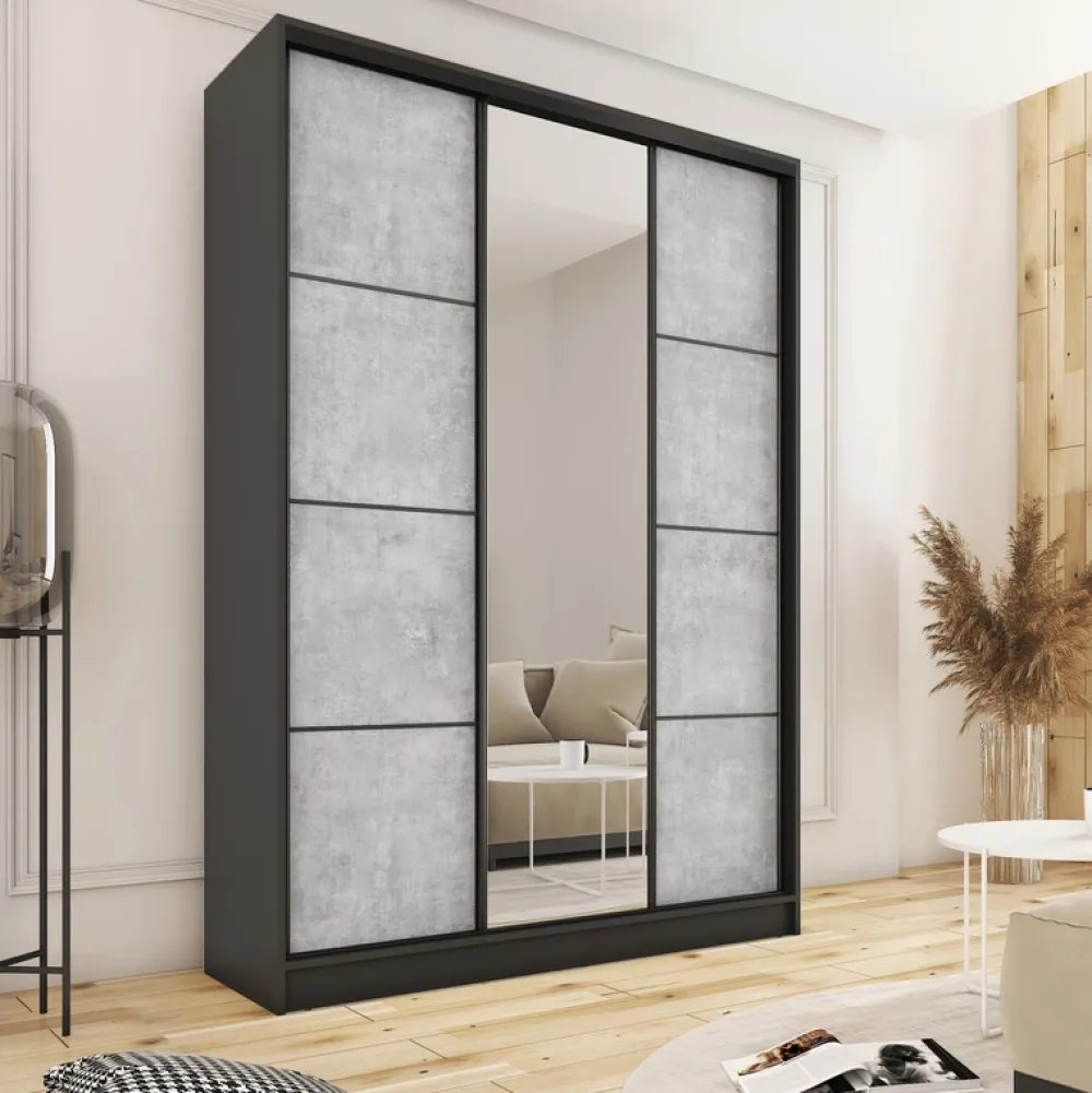 Zestawy Mebli Do Przedpokoju|Szafy Trzydrzwiowe>BROMARKT Wysoka szafa przesuwna z lustrem 150 cm LOFT MAX beton