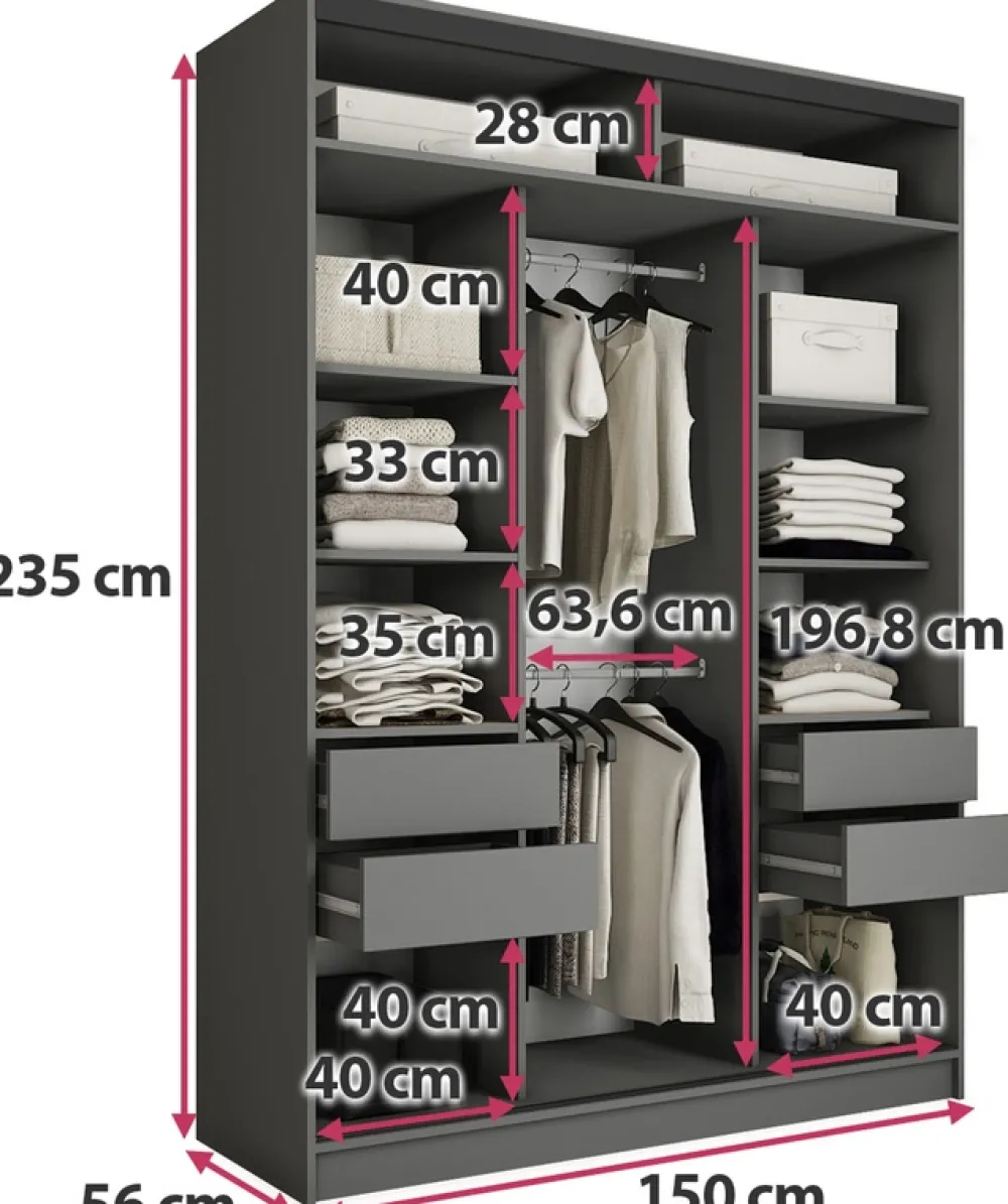 Szafy Trzydrzwiowe|Szafy Do Przedpokoju>BROMARKT Wysoka szafa przesuwna z lustrem 150 cm do sypialni EDGE MAX
