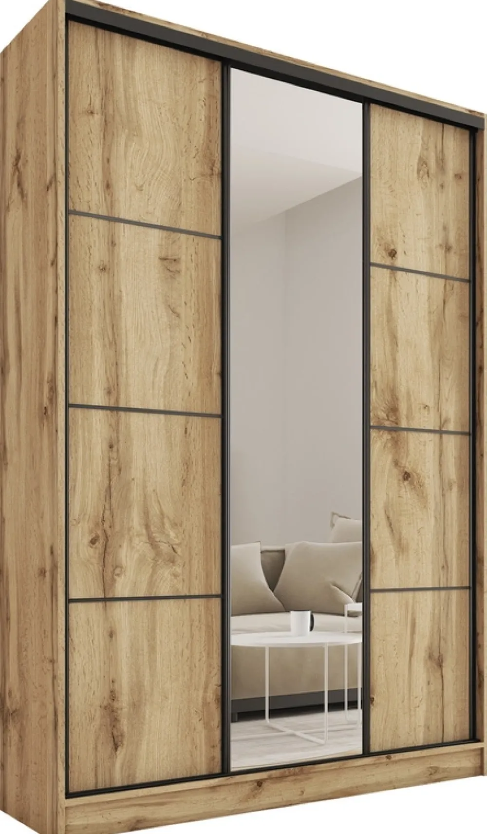 Zestawy Mebli Do Przedpokoju|Szafy Trzydrzwiowe>BROMARKT Wysoka szafa przesuwna z lustrem 150 cm LOFT MAX dąb wotan