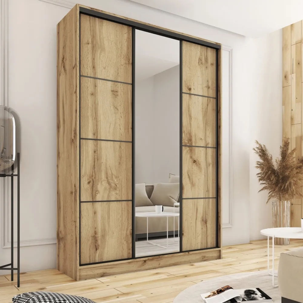 Zestawy Mebli Do Przedpokoju|Szafy Trzydrzwiowe>BROMARKT Wysoka szafa przesuwna z lustrem 150 cm LOFT MAX dąb wotan