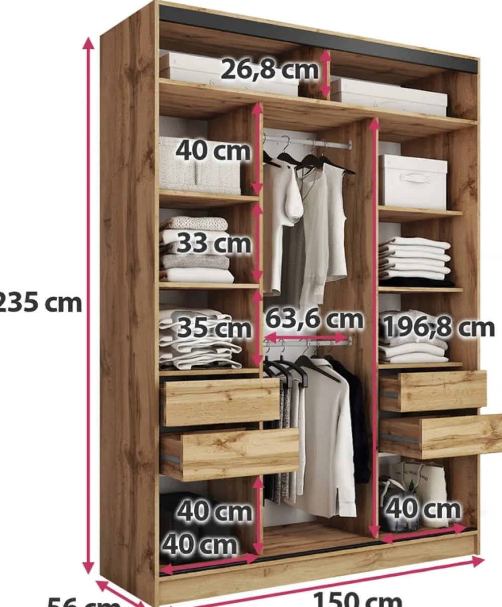 Zestawy Mebli Do Przedpokoju|Szafy Trzydrzwiowe>BROMARKT Wysoka szafa przesuwna z lustrem 150 cm LOFT MAX dąb wotan