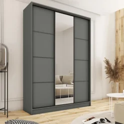 Szafy Trzydrzwiowe|Szafy Do Przedpokoju></noscript>BROMARKT Wysoka szafa przesuwna z lustrem 150 cm LOFT MAX z szufladami grafit