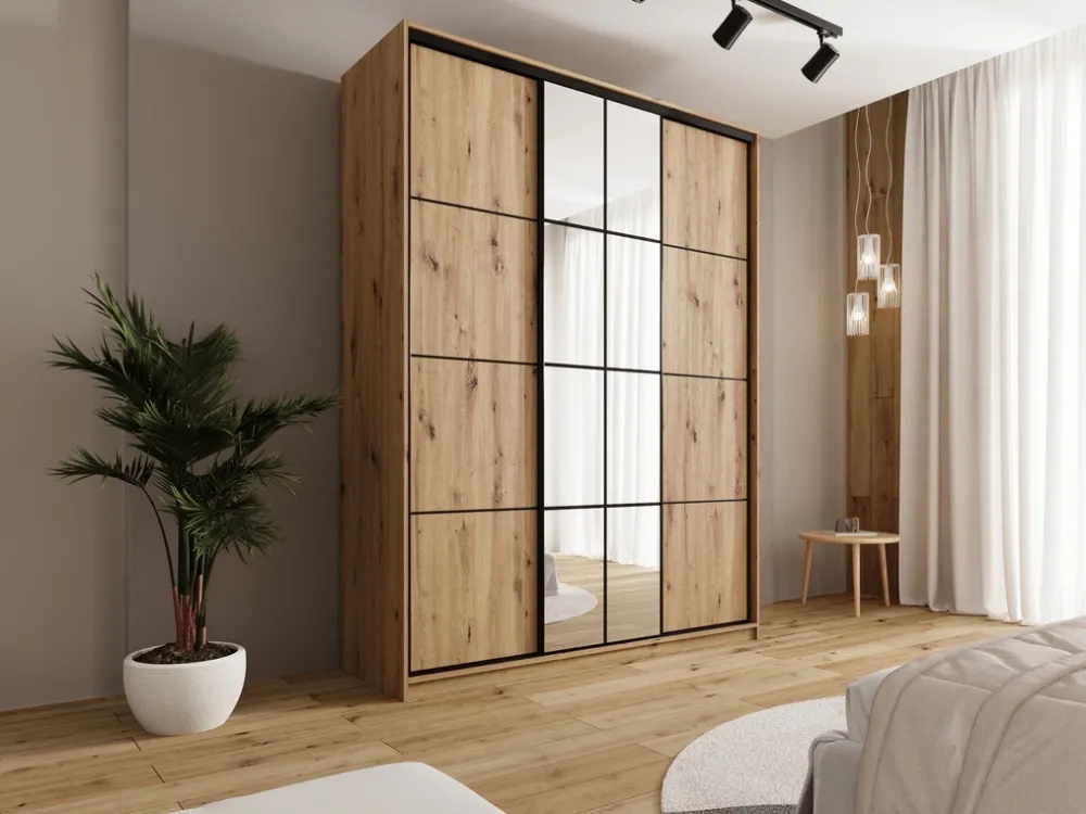 Zestawy Mebli Do Przedpokoju|Szafy Trzydrzwiowe>BROMARKT Wysoka trzydrzwiowa szafa przesuwna 180 cm z półkami EDGE MAX dąb artisan