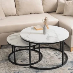 Ławy I Stoliki>MEBEL ELITE Zestaw okrągłych stolików kawowych do salonu biały DELIA Marmur