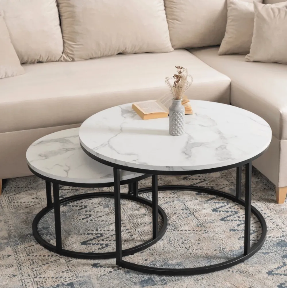 Ławy I Stoliki>MEBEL ELITE Zestaw okrągłych stolików kawowych do salonu biały DELIA Marmur