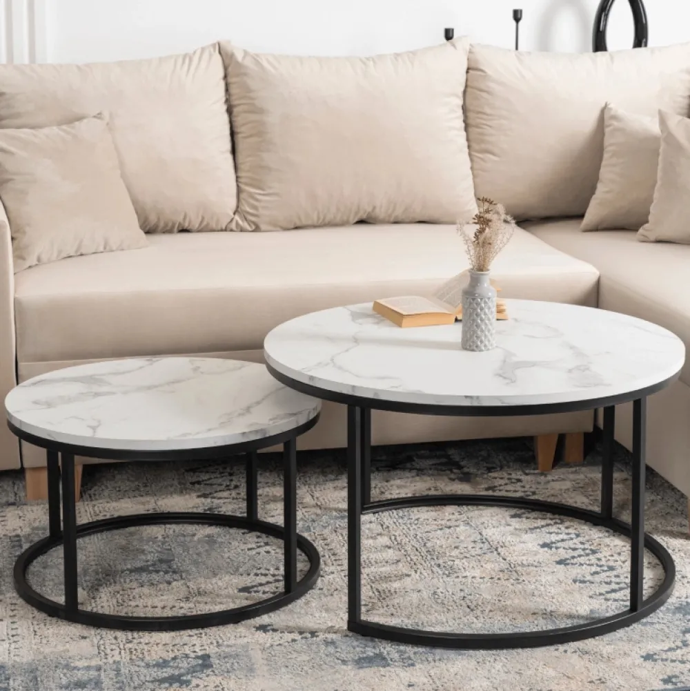 Ławy I Stoliki>MEBEL ELITE Zestaw okrągłych stolików kawowych do salonu biały DELIA Marmur