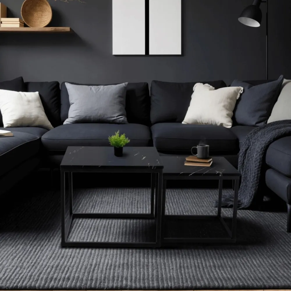 Ławy I Stoliki>MEBEL ELITE Zestaw stolików kawowych czarny marmur JUNE nowoczesny