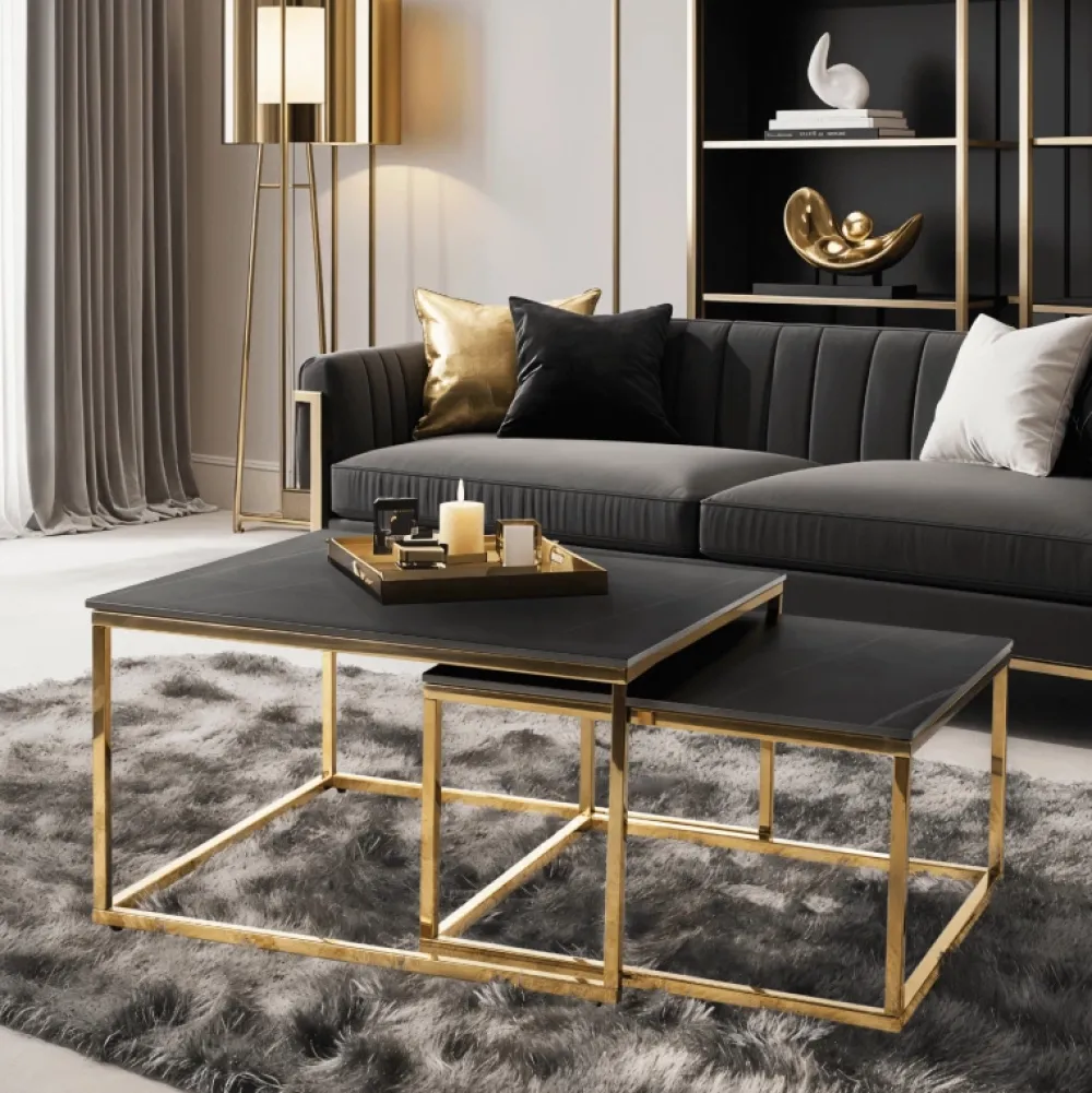 Ławy I Stoliki>MEBEL ELITE Zestaw stolików kawowych do salonu czarny marmur złoty TULIO