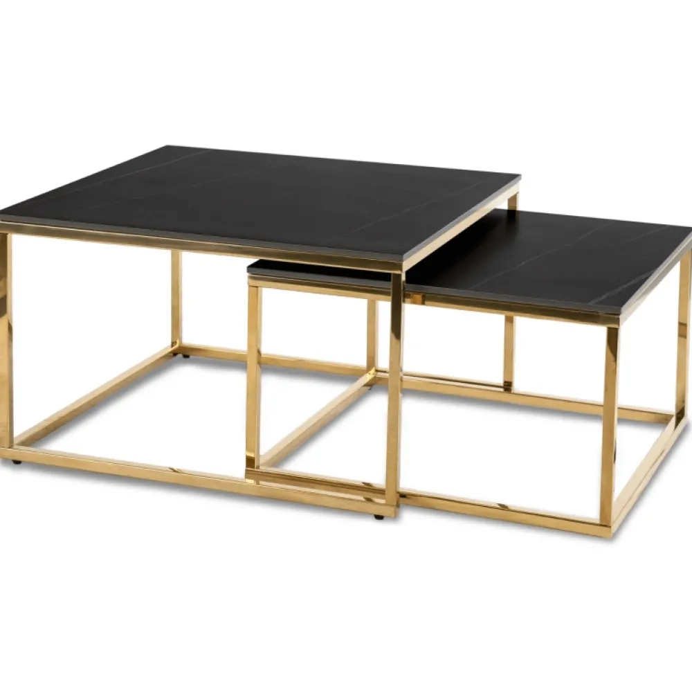 Ławy I Stoliki>MEBEL ELITE Zestaw stolików kawowych do salonu czarny marmur złoty TULIO