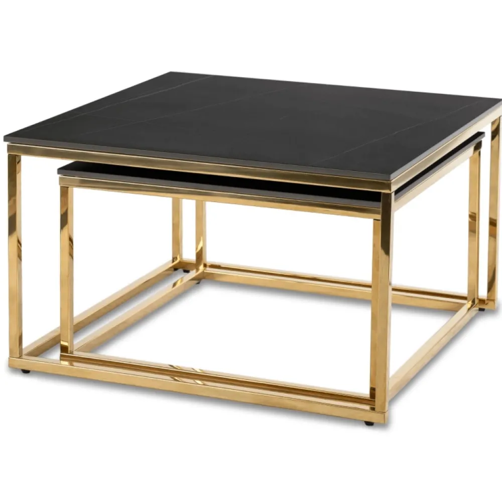 Ławy I Stoliki>MEBEL ELITE Zestaw stolików kawowych do salonu czarny marmur złoty TULIO