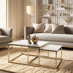 Ławy I Stoliki>MEBEL ELITE Zestaw stolików kawowych do salonu biały marmur złoty TULIO