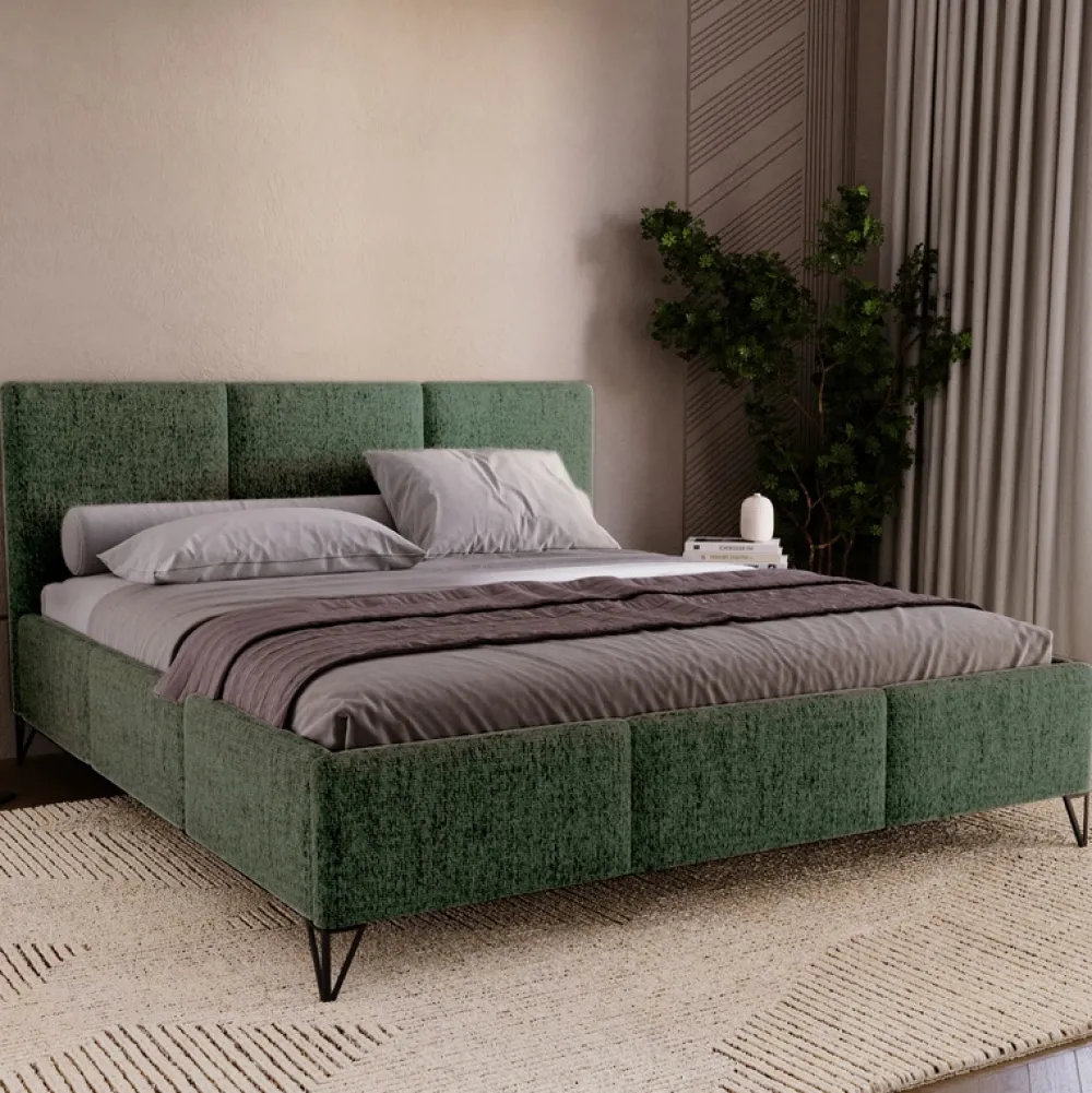 Łóżka Małżeńskie|Łóżka Na Nóżkach>UNISTYL MEBLE Zielone łóżko dwuosobowe LORIO 180x200 z praktycznym pojemnikiem na pościel