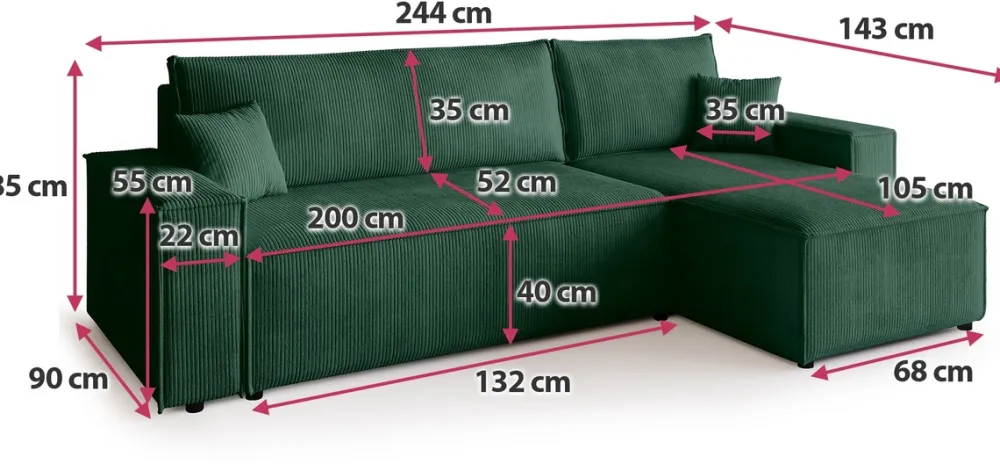 Meble Dla Dzieci|Meble Młodzieżowe>BROMARKT Zielony narożnik sztruksowy z pojemnikiem na pościel ADI