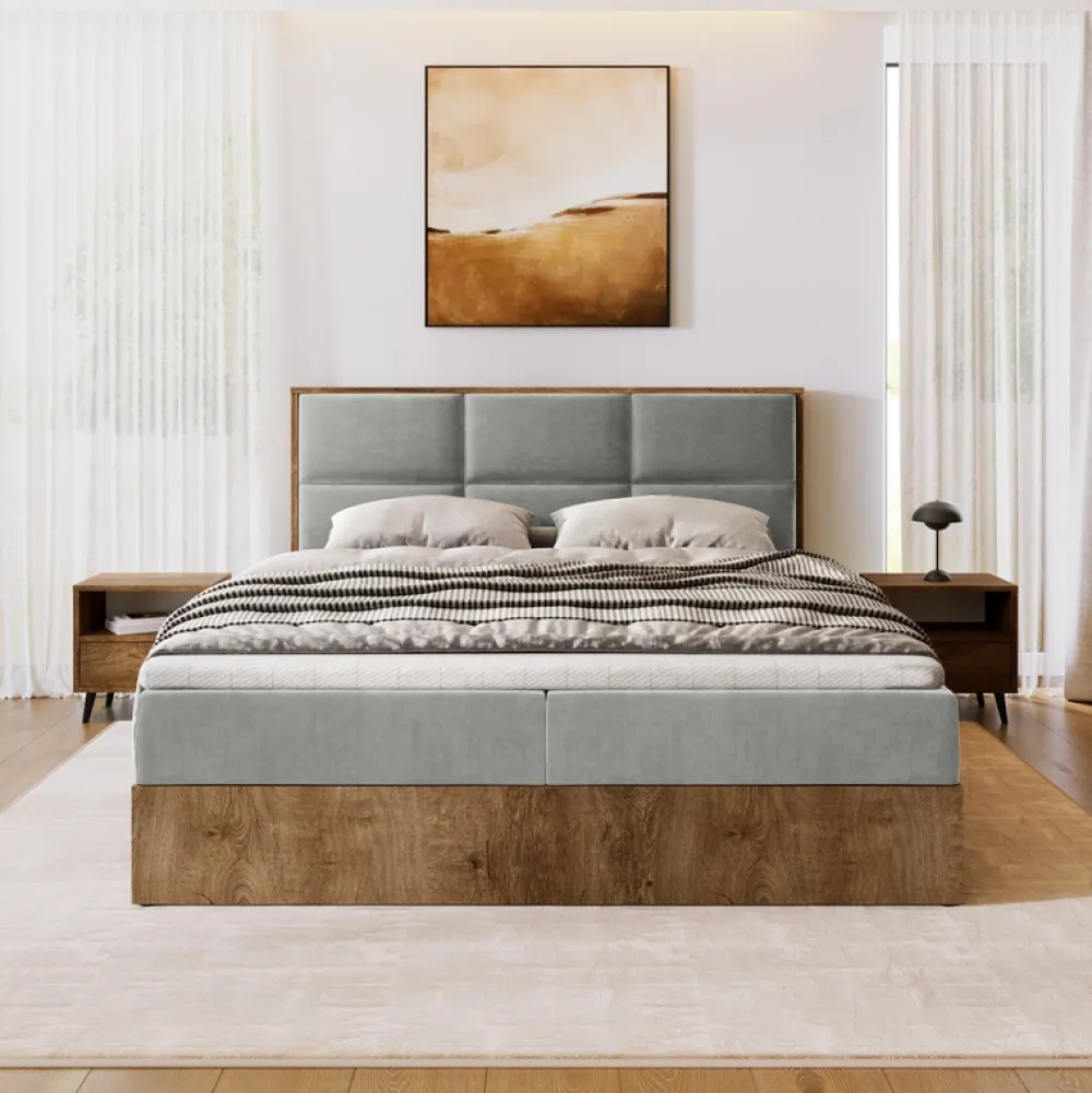 Łóżka Ze Stelażem|Łóżka Z Zagłówkiem>BROMARKT Łózko kontynentalne do sypialni z pojemnikiem 160x200 cm LOFT dąb lefkas