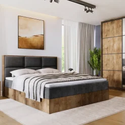 Łóżka Dwuosobowe|Łóżka Kontynentalne>BROMARKT Łózko kontynentalne 160x200 cm do sypialni z pojemnikiem LOFT dąb lefkas